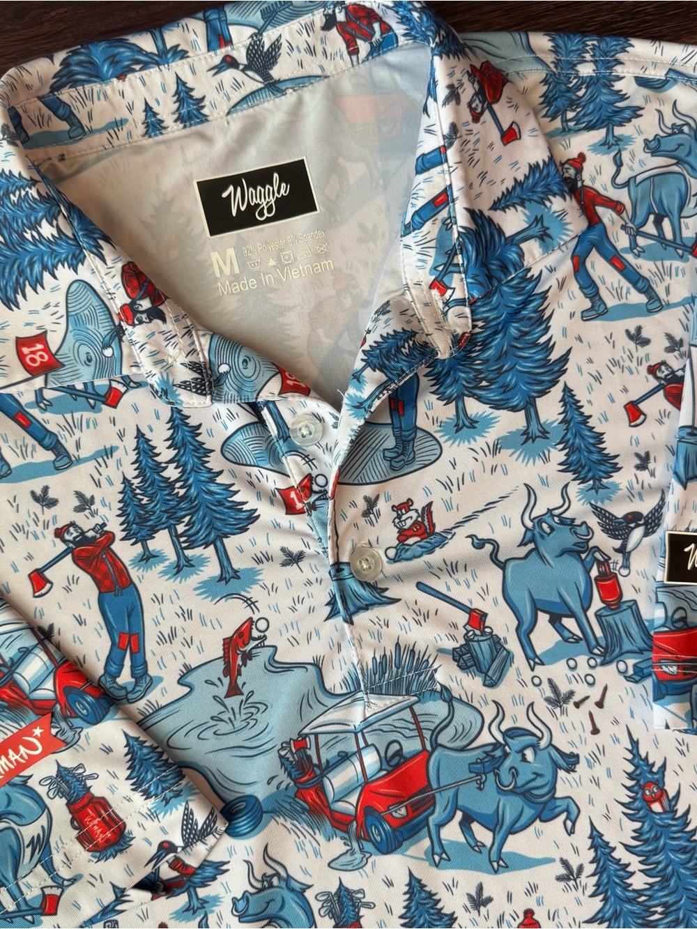 Waggle Lumberjack Golf Polo Shirt Mens Medium Blue Red Graphic Print Blue Ox